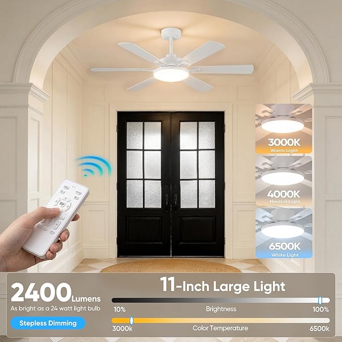 52 Inch Ceiling Fans with Lights, 6 Double Sided Blades, Ultra Quiet Reversible DC Motor, Remote & APP Control, 6 Speeds, 3CCT Dimmable LED with Memory Function, Downrod Mount for Living Room, White