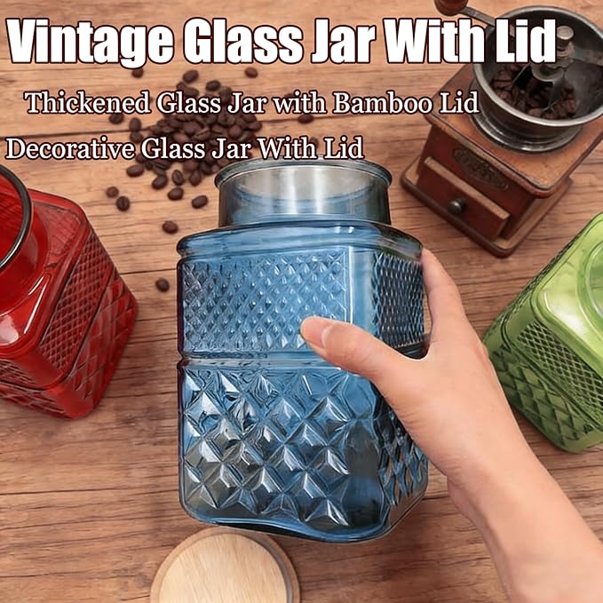 Coriario 60oz Decorative Glass Jar with Airtight Lid and Wood Spoon Red Square Vintage Glass Storage Jars Canisters for Food Candy Counter Flour Sugar Cookie Coffee Tea