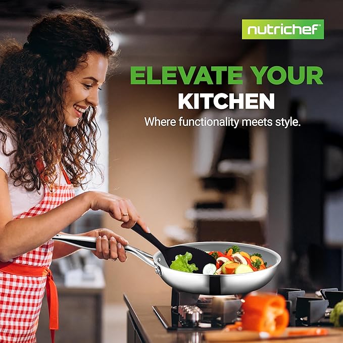 NutriChef 12-Piece Professional Stainless Steel Cookware Set – Tri-Ply Pots, Ceramic Non-Stick Fry Pans, Induction Compatible, Strong Riveted Handles, Dishwasher Safe