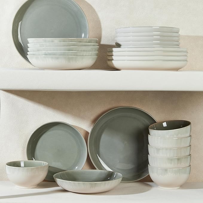 Pokini 24 Piece Double Bowl Dinnerware Sets with Pasta Bowls, Highly Chip and Crack Resistant Plates and Bowls Sets, Natural Earthyware Ceramic Dishware Sets, Service for 6 Gradient Green