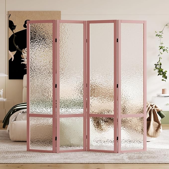 Acrylic Room Divider, 4-Panel Freestanding Partition Screen, Frosted Translucent Privacy Panel - Lightweight Modern Divider for Home Office Studio (Rose Gold, 4 Panels)