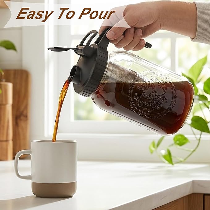 Cold Brew Coffee Maker 64 Oz Wide Mouth Mason Jar Pitcher With stainless steel Filter 2 Quart Airtight & Leak-Proof cold brew pitcher with pour spout lid and handle For iced Coffee Tea and lemonade