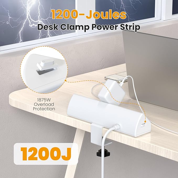 VILONG Desk Clamp Power Strip,65W Total Fast Charging Station,Desk Edge Mount Power Strip,8 USB Ports (4 USB C) & 5 AC Outlets,1200J Surge Protector (White, 6, Feet, Power Strip)