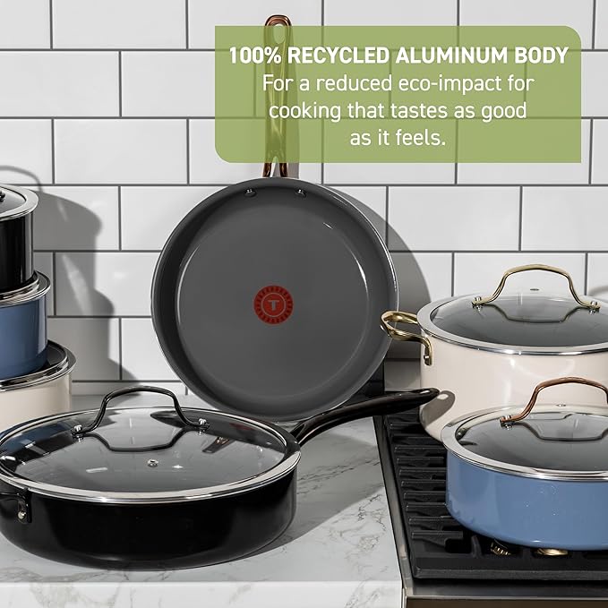 T-Fal Preserve Ceramic Nonstick Frying Pan 2-Pc Set, 8.5" & 11", Oven Broiler Safe up to 350°F Cookware, InoCeram Glide Technology, Skillet, Pots & Pans, Rose Gold