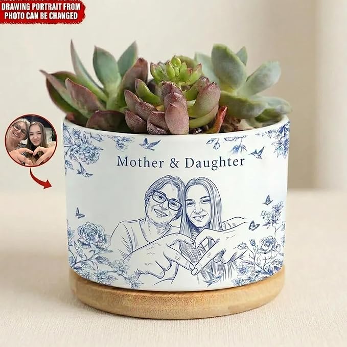 Personalized Mom Portrait Toile De Jouy Plant Pot, Custom Mom Photo Plant Pot from Daughter, Custom Grandma Gifts, Mama Gift, Birthday Gift