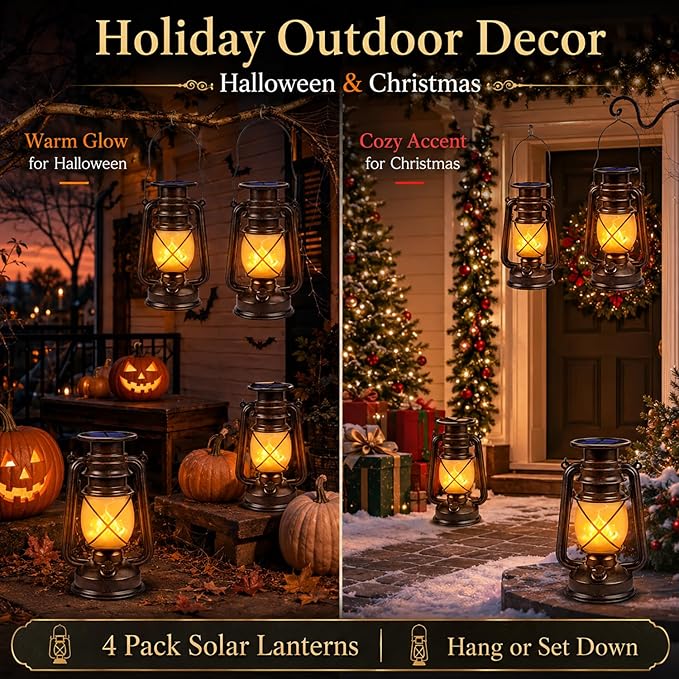 Solar Lanterns Outdoor 4 Pack, Flickering Flame LED Hanging Solar Lights with Handle, Vintage Bronze Solar Powered Lanterns for Patio Porch Garden Yard Pathway Table Camping Halloween Christmas Decor