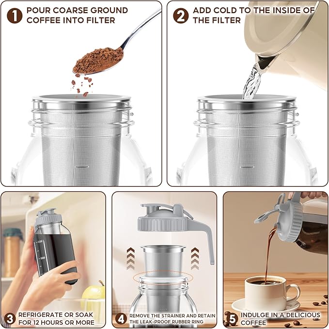 2 Pack 64 oz Cold Brew Coffee Maker Jar - Glass Cold Brew Maker with Handle, Stainless Steel Filter&Leak-Proof Lid, Heavy Duty Cold Brew Pitcher for Iced Coffee, Tea, and Milk (2 Quart / 1.9 Liter)