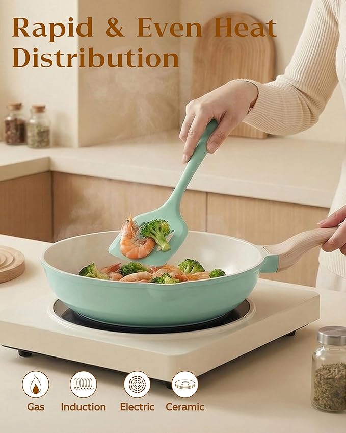 FDN 16Pcs Titanium Pots and Pans Set,Toxic-Free Cookware Set, Dishwasher & Oven Safe, Induction Compatible with Bakelite Wood Grain Handle, Compact and Durable