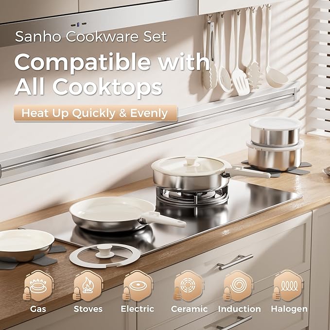Sanho 21-Piece Pots and Pans Set, Healthy Ceramic Nonstick Cookware with Detachable Handles, Non-Toxic 4-Layer Stainless Steel & Aluminum Core, Induction RV Kitchen Set, Dishwasher & Oven Safe