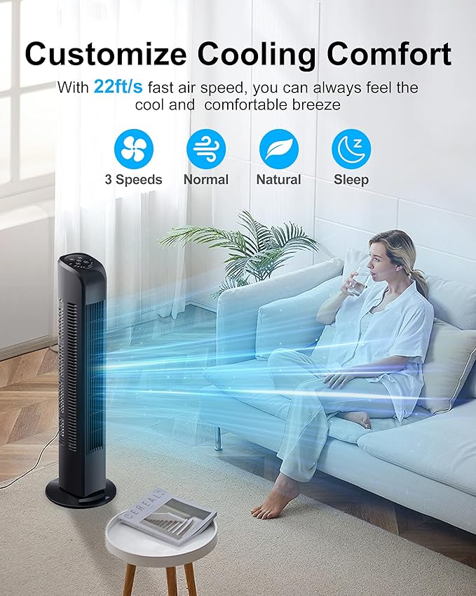 Uthfy Oscillating Tower Fan with Remote, Electric Standing Floor Fan for Bedroom Indoor Office and Home Use,Quiet Cooling Portable Bladeless Tower Fans, 30 inchs, Black