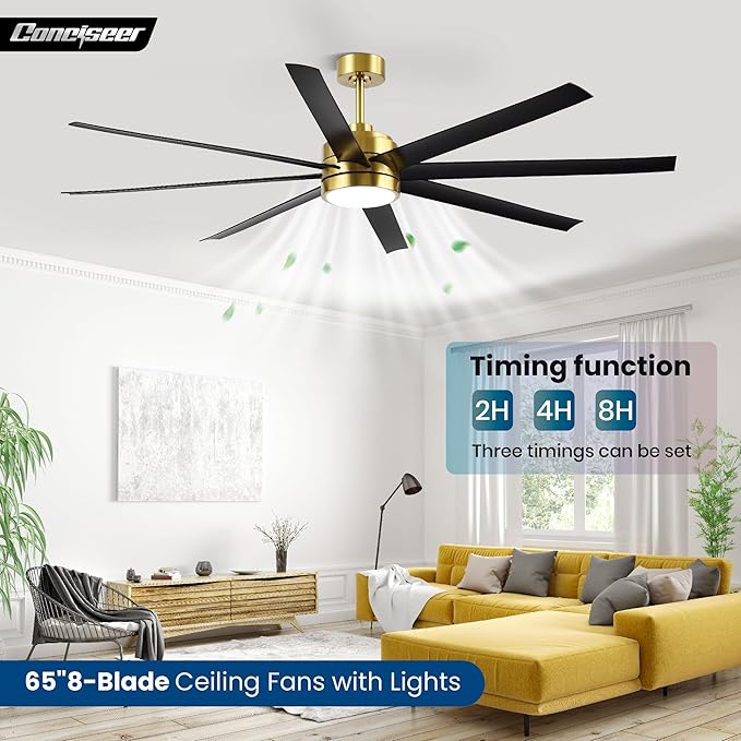 Conciseer 65 Inch Ceiling Fans with Lights and Remote for Bedroom Living Room Kitchen Office, Indoor/Outdoor Use, 6CCT, 8 Blades 6 Speed Reversible Dimmable Quiet DC Motor, Gold/Black