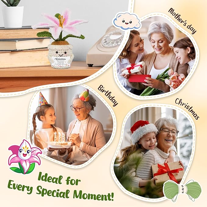 OASSIE Gifts for Grandma - Emotional Support Crochet Lily Flower - Proud of You Mothers Day Birthday Gifts for Grandma Nana Gigi from Grandkids, Positive Granny Gift