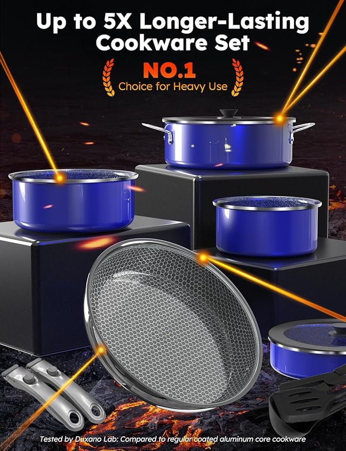 Pro DUXANO 12PC Pots and Pans Set&Hybrid 3-Ply Stainless Steel Skillet, High Heat Sear&Fry, 2-Layer Ceramic Nonstick Induction Cookware, 9H Scratch-Resistant&Anti-Warp,PFAS Free,All Cooktop/Dishwasher