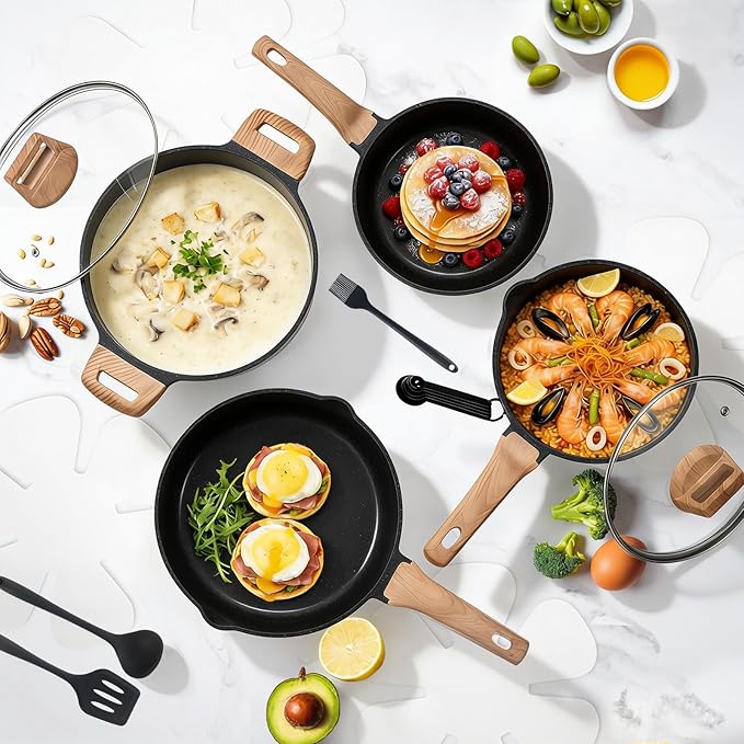 NEWBULIG 25-Piece Nonstick Cookware Set, Granite Pots and Pans with Lids, Induction Compatible Nonstick Cooking Set with Frying Pans & Saucepans, Black