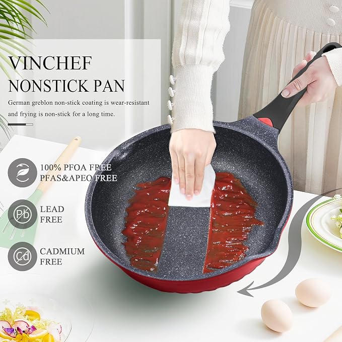Vinchef 11Inch/5QT Nonstick Skillet, Red | deep nonstick skillet with lid & heat indicator. Anti-scratch, anti-stain, induction-compatible ideal for sautéing frying