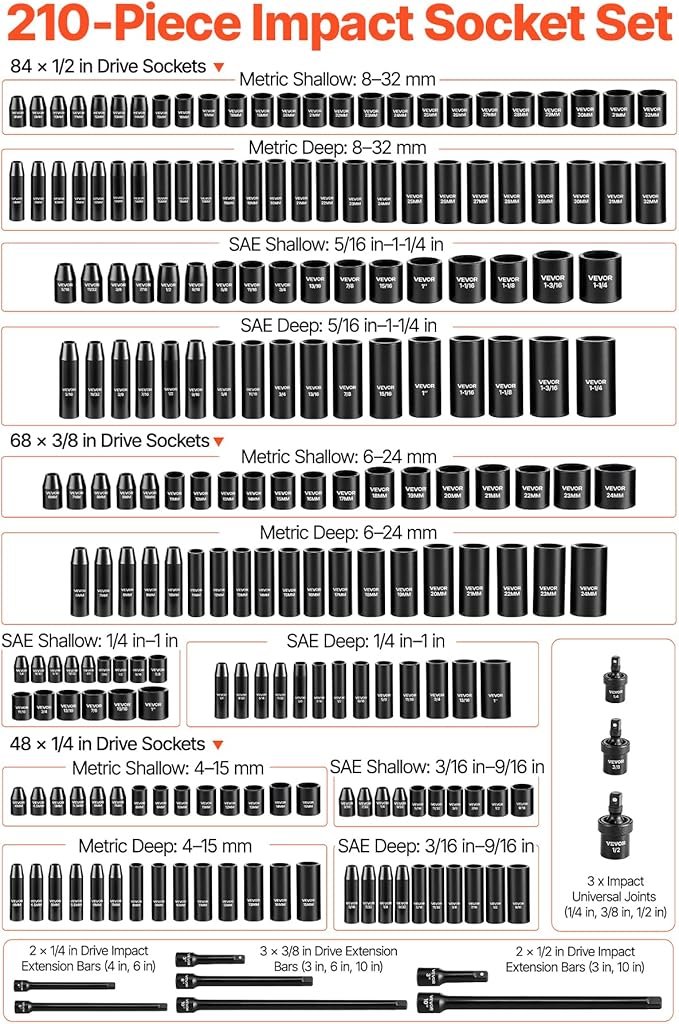 VEVOR 1/4 & 3/8 & 1/2 Inch Drive Impact Socket Set, 210-Piece Metric and Standard Full Sockets, Deep & Shallow, CR-V, 6 Point, Extension Bars, Universal Joint, Three Carrying Cases