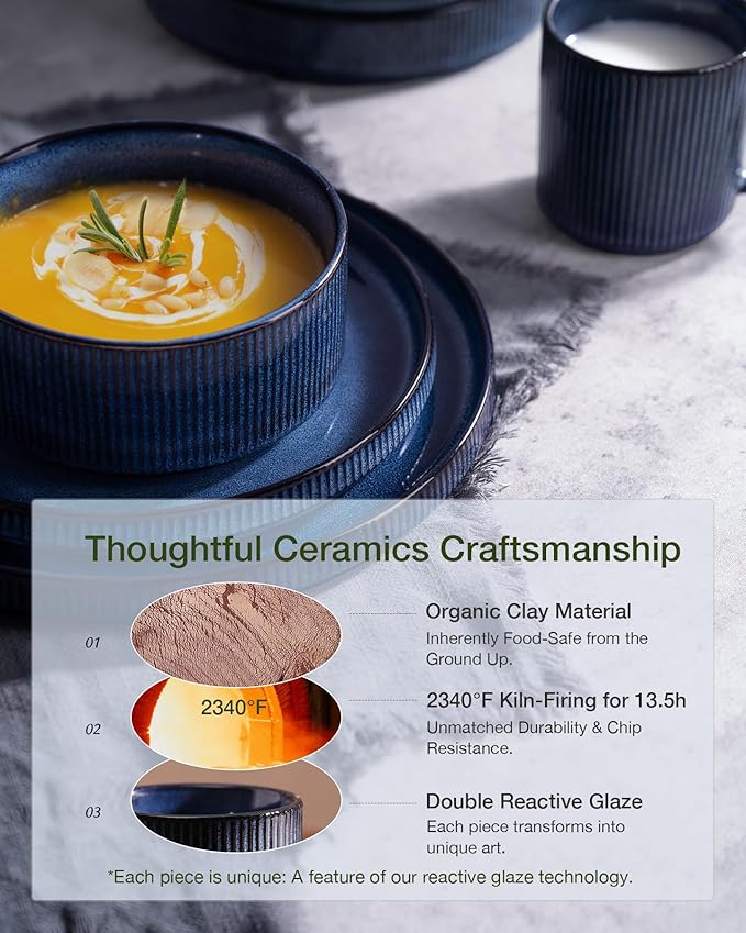 Famiware Star 12-Piece Stoneware Dinnerware Sets for 4, Reactive Glaze Plates and Bowls, Modern Rustic Dishes for Everyday & Formal Use, Chip/Scratch Resistant, Microwave/Dishwasher Safe, Nebulas Blue
