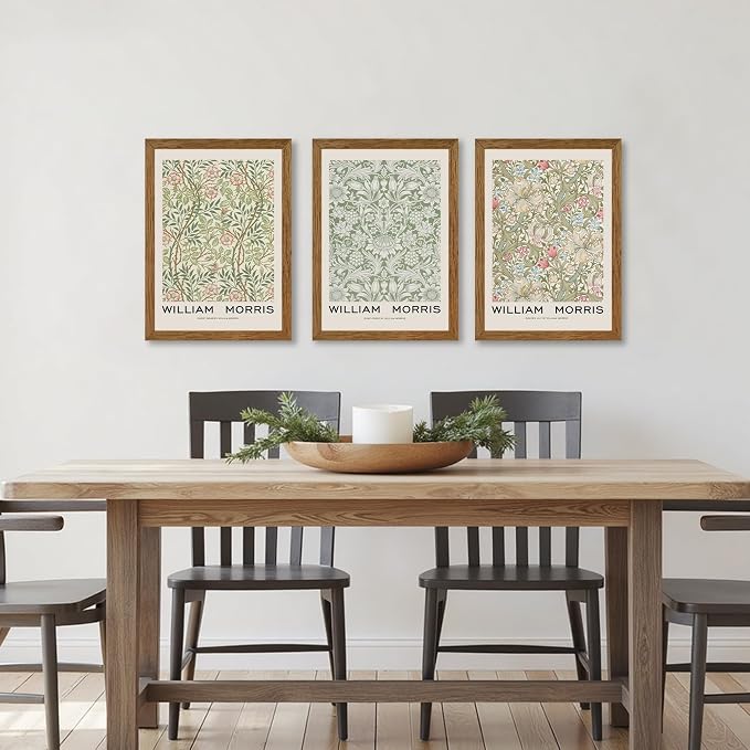 JLTULT 3 Piece Wood Frames Vintage Floral Canvas Wall Art, William Morris Flower Pattern Wall Decor, Nature Botanical Picture Artwork Prints for Living Room Bedroom Office 12x16 inch Easy to Hang
