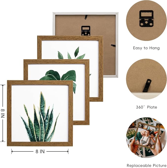 ArtbyHannah Framed Bathroom Wall Art Decor, 8x8 Inch 4 Pack Botanical Gallery Wall Frame Set Modern Farmhouse Sage Green Prints Artwork for Spa, Restroom, Bedroom, Office Decoration (Walnut)