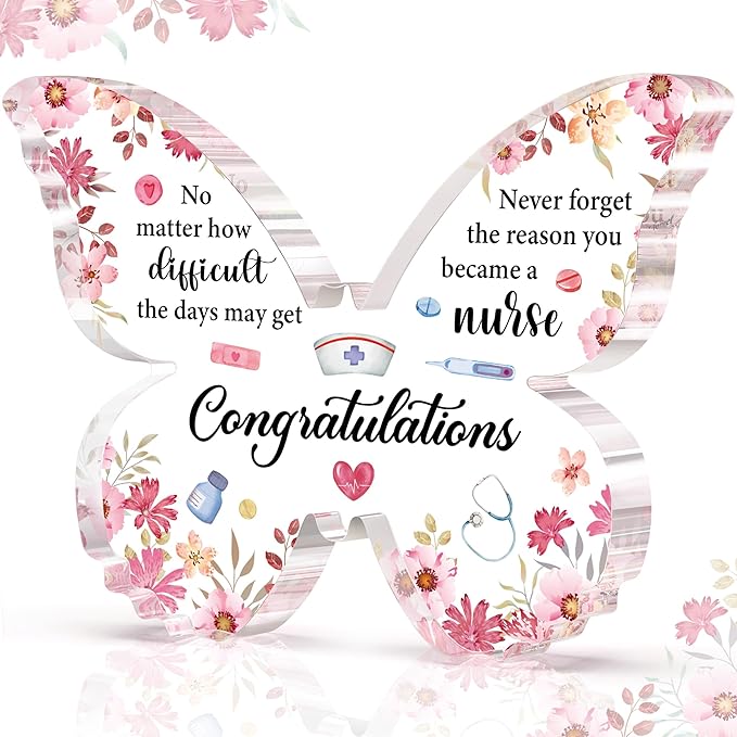 Nurse Graduation Gift for Women, Nurse Week Appreciation Gifts - Pink Butterfly Acrylic Plaque 5x3.8 IN - Graduation Gifts for Nursing Student, Nursing School Gifts, RN Gifts for Nurses