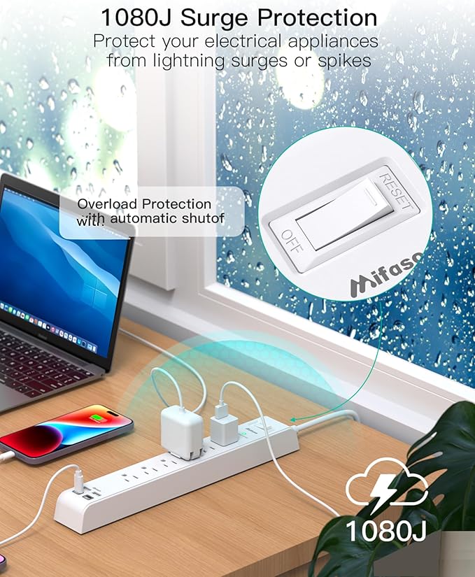 2 Pack Power Strip, 12FT Extension Cord, Surge Protector with 6 Outlets and 4 USB Ports (2 USB C), Extension Cord with Multiple Outlets, Flat Plug Overload Protection, Wall Mount for Home Dorm College