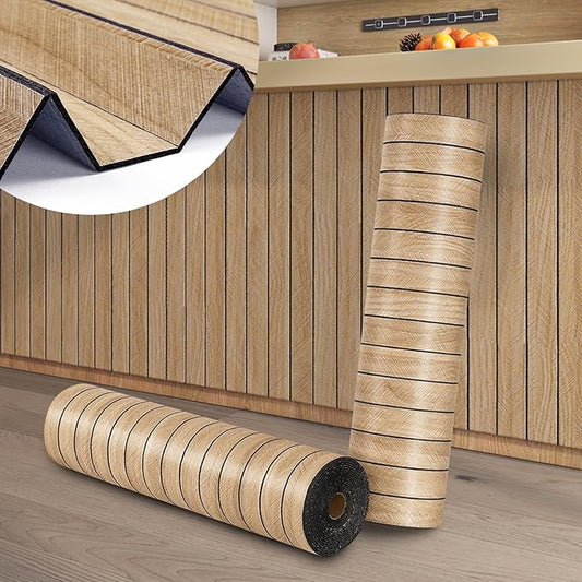 ReWallpaper Self Adhesive Wood Panels for Wall Peel and Stick Light Oak Faux Wood Slat Wall Panel Waterproof Sound Proof Foam Panels for Bedroom Bathroom Living Room Door DIY Home Decor 12in x 10ft