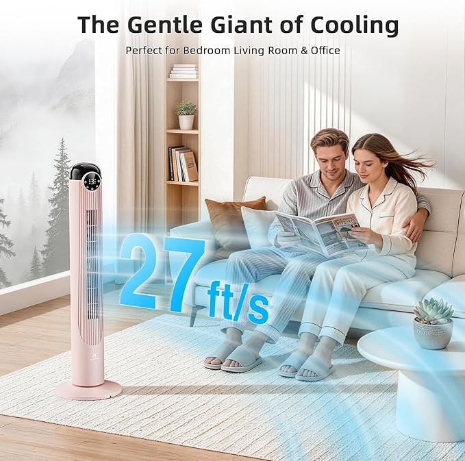 Antarctic Star T36 Tower Fan-36 Inch, Bladeless Oscillating Fan with Remote, 6 Speeds & 4 Modes, LED Display, 9H Timer, Quiet Floor Standing Fan for Bedroom Living Room Office, Pink