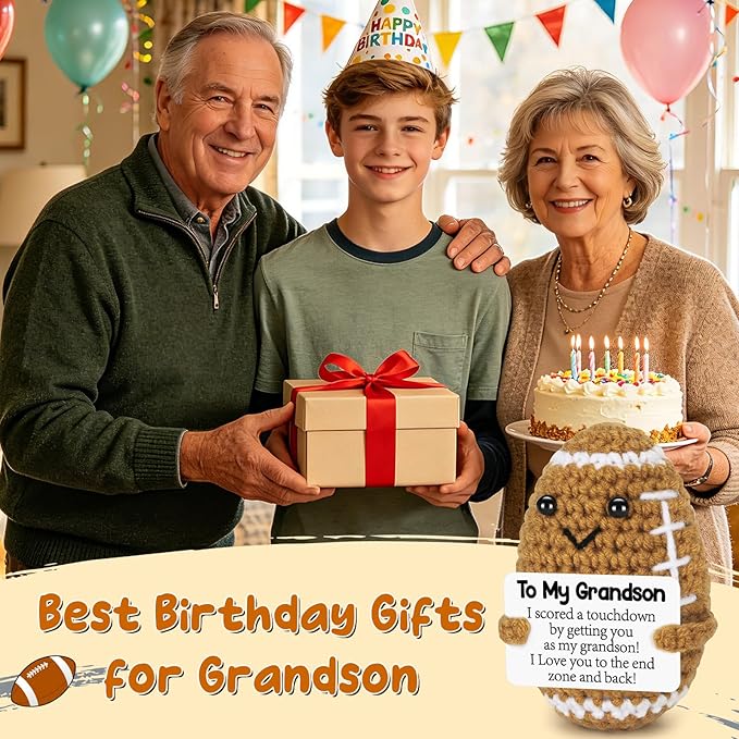 BiuNiuring Mini Funny Grandson Gifts from Grandma Grandpa, Handmade Crochet Mini Football Grandson Birthday Gifts from Grandparents, Grandson Present for Father's Day Cute Desk Decor