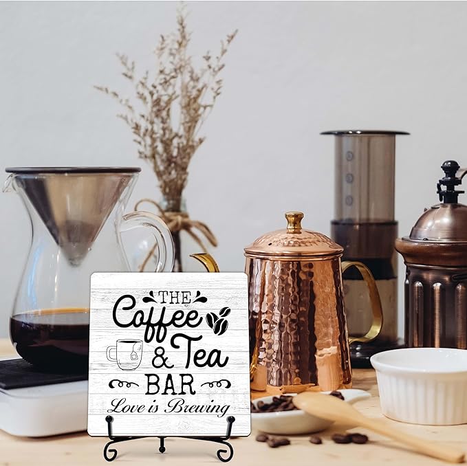 Coffee Bar Sign, Love is Brewing Farmhouse Tabletop Decor, Coffee and Tea Lover Gifts, 5x5 Wood Plaque with Iron Stand for Home Kitchen Cafe, Coffee Bar Decor – L09