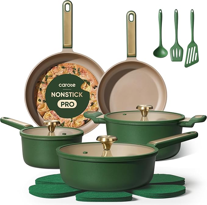 CAROTE Pots and Pans Set Non stick, Cookware Set, 16pcs NonStick Kitchen Set Induction Cookware Non-Toxic & PFOA&PFOS-Free, Dishwasher, Green