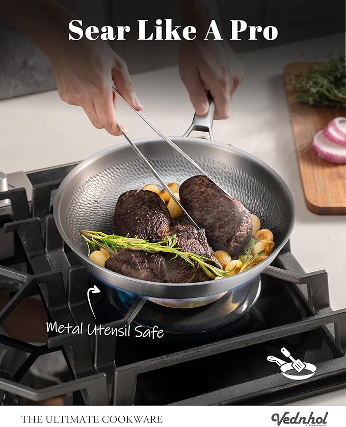 Titanium Pan, 12 Inch Pure Titanium Hammered Pro frying pan with Lid, Non-Toxic Skillet for Cooking, PFAS/PFOA/PTFE Free Cookware, Dishwasher&Oven Safe, Kitchen Induction Compatible