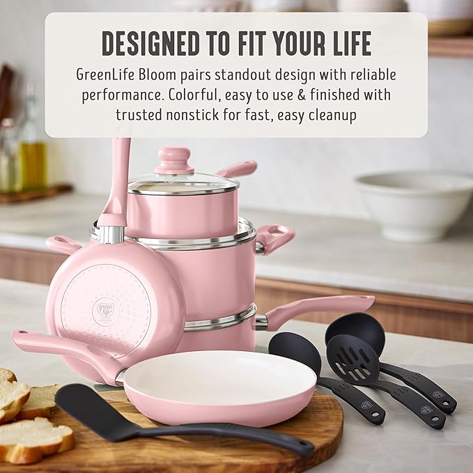 GreenLife 16-Piece Nonstick Cookware Set, Non-Toxic Ceramic Pots and Pans Set, Durable Healthy Kitchen Essentials, Fast Heating, Induction Ready, Easy Clean Dishwasher Safe, PFAS-Free, Blush Pink