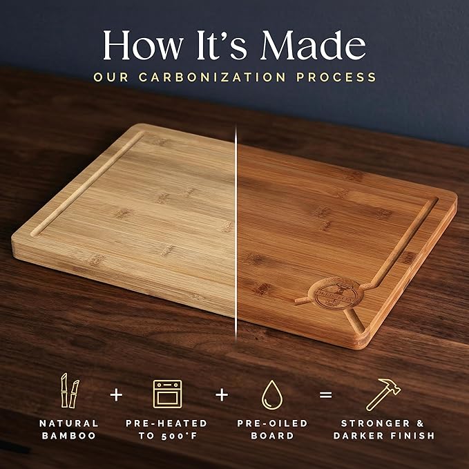 Pre-Oiled, Non Toxic 3-Piece Carbonized Bamboo Cutting Board Set, 500°F Carbonized Technology Eco-Friendly Wooden Chopping Boards for Kitchen with Juice Groove, Charcuterie Serving Boards Deer & Oak