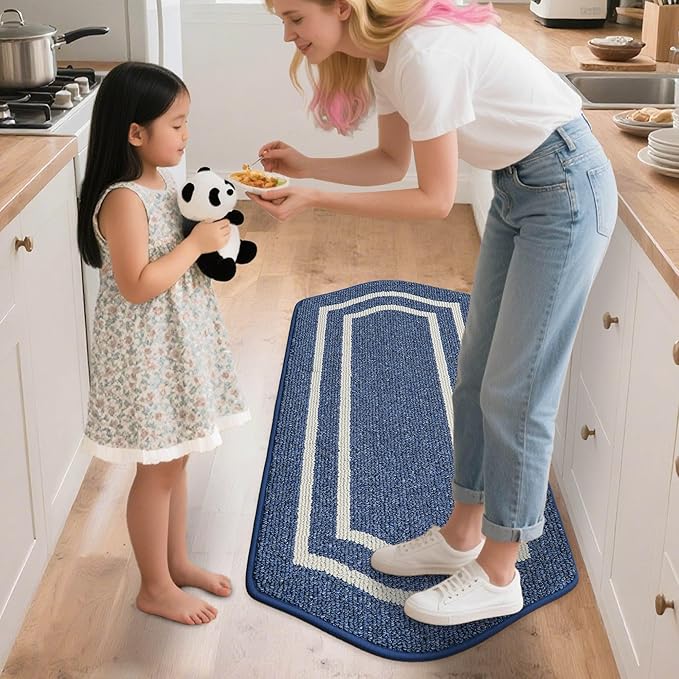 COSY HOMEER Long Kitchen Floor Mats for in Front of Sink Super Absorbent Kitchen Rugs and Mats 24"x48" Non-Skid Kitchen Mat Standing Mat Washable,Polypropylene,Blue,Frame