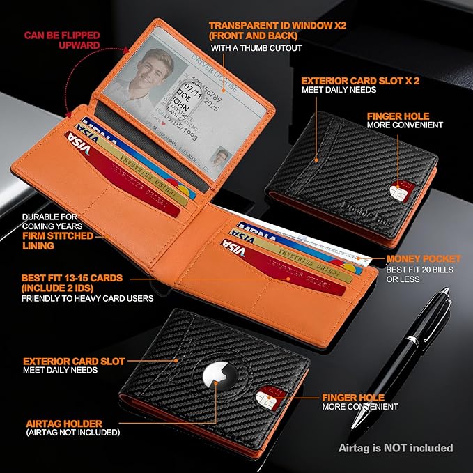 Wallet for Men Slim RFID Blocking Bifold Carbon Fiber,Minimalist Small Compact Front Pocket Credit Card Holder,Thin Mens Leather Wallets Smart Security With 2 ID windows 1 Cash (Black & Orange)