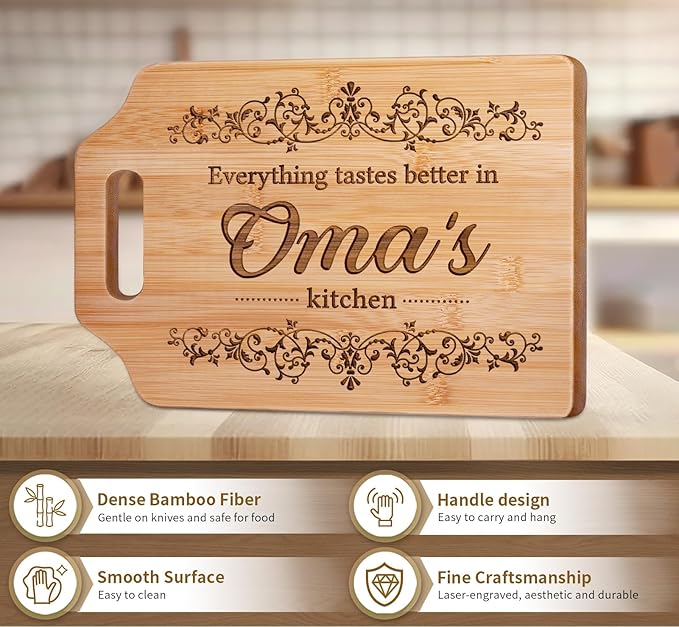 AceThrills Oma Gifts, Oma Mothers Day Gift for Oma's Birthday from Grandkids - Engraved Bamboo Cutting Board 12.3"L x 8.7"W x 0.4"Th