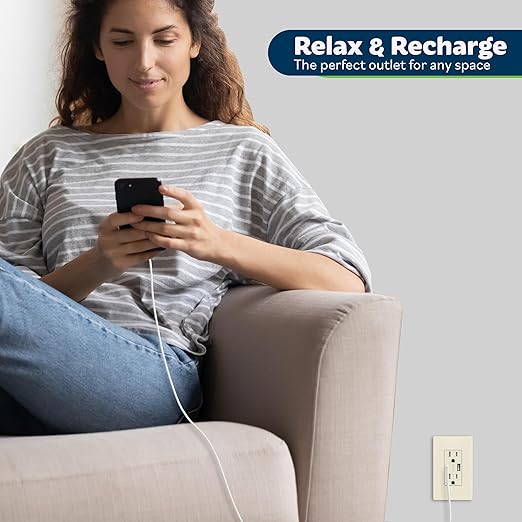TOPGREENER 2-Port USB Outlet, Type C USB Wall Outlet, 15 Amp TR Receptacle Plug, Charging Power Outlet with USB Ports, Wall Plate Included, TU21536AC-LA-2PCS, Light Almond, 2 Pack