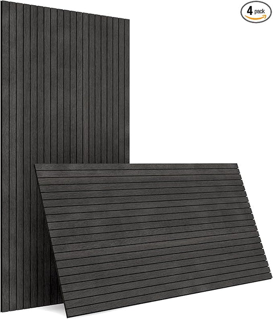 4-Piece Wood Slat Wall Panel for Interior Wall Decor Noise Cancelling 47.2" x 23.6" Peel and Stick Acoustic Decorative 3D Sound Absorbing Wall Paneling, Black Grey
