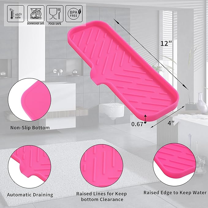 MicoYang Silicone Soap Dish with Drain Spout — Self-Draining Double Sink Organizer Tray for Kitchen & Bathroom, Dispensers, Sponges & Soap Holder, Non-Slip & Dishwasher Safe, Rose (Large, 12"×4")