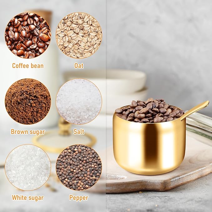 holoith Sugar Container with Glass Lid and Spoon - 10oz Gold Sugar Bowl for Coffee Bar Station Accessories Kitchen Storage for Salt, Candy, Coffee Bean (Gold)