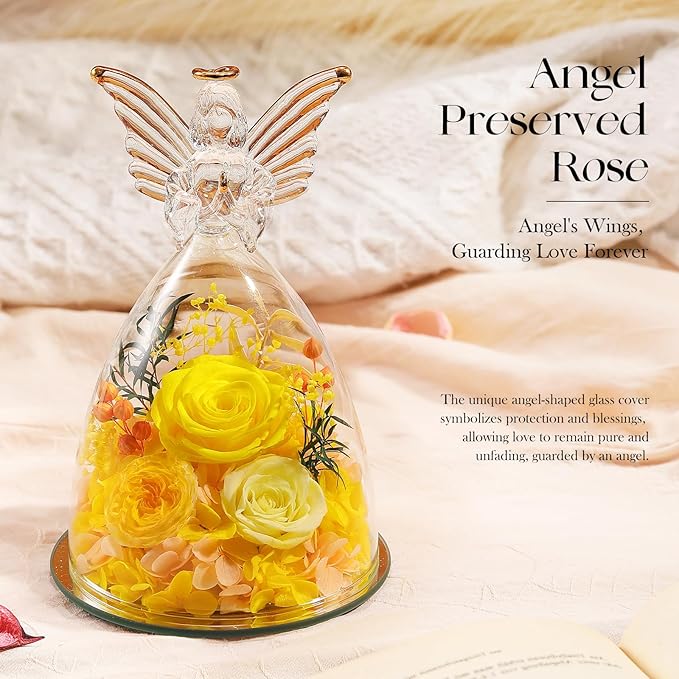 Mothers Day Roses Gifts for Mom Forever Preserved Real Roses Flowers in Glass Angel Figurines Fresh Flowers for Delivery for Grandma Women Mom Wife from Daughter/Yellow