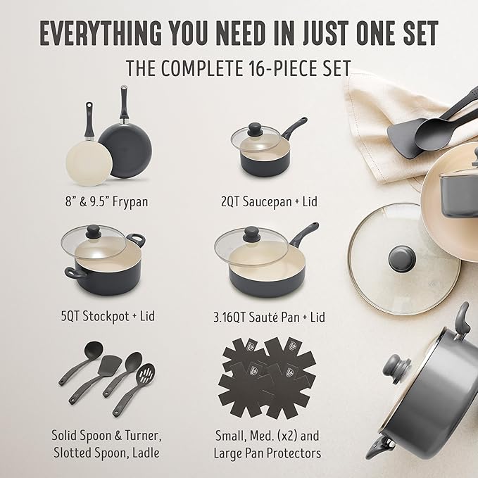 GreenLife 16-Piece Nonstick Cookware Set, Non-Toxic Ceramic Pots and Pans Set, Durable Healthy Kitchen Essentials, Fast Heating, Induction Ready, Easy Clean Dishwasher Safe, PFAS-Free, Graphite Black