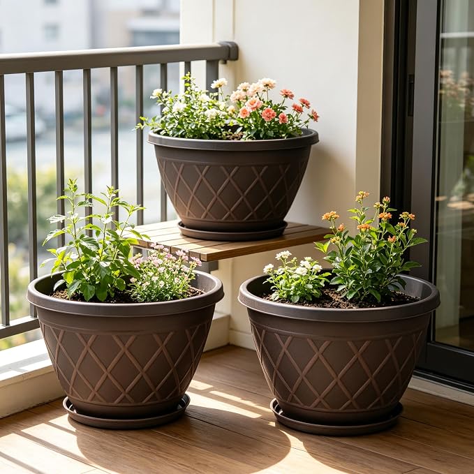 6 Pack 8 Inch Plant Pots, Planters with Drainage Holes & Saucers, Modern Imitation Diamond Pattern Design Plastic Flower Pots for Indoor & Outdoor Plants, Succulents, Flowers, and Herbs (Brown)