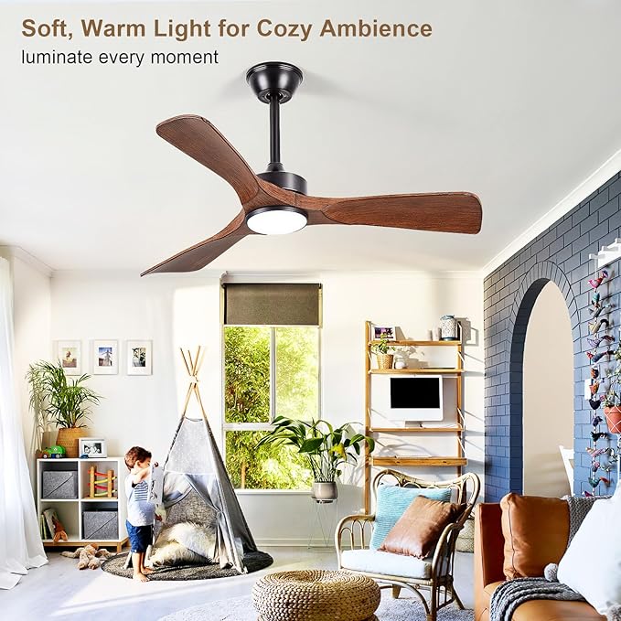 Ceiling Fans with Lights and Remote: 42-Inch Ceiling Fan 3 Blades Low Profile Outdoor - Walnut Ceiling Fans with Remote APP Control Quiet Reversible DC Motor for Patio Living Room