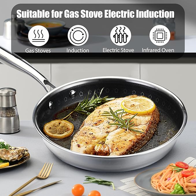 Vivicreate 20 Piece Tri-Ply Stainless Steel Cookware Set, Hammered Pots and Pans with 2 Nonstick Frying Pans and 2 Pots with Lids, 304 Interior, Induction Compatible