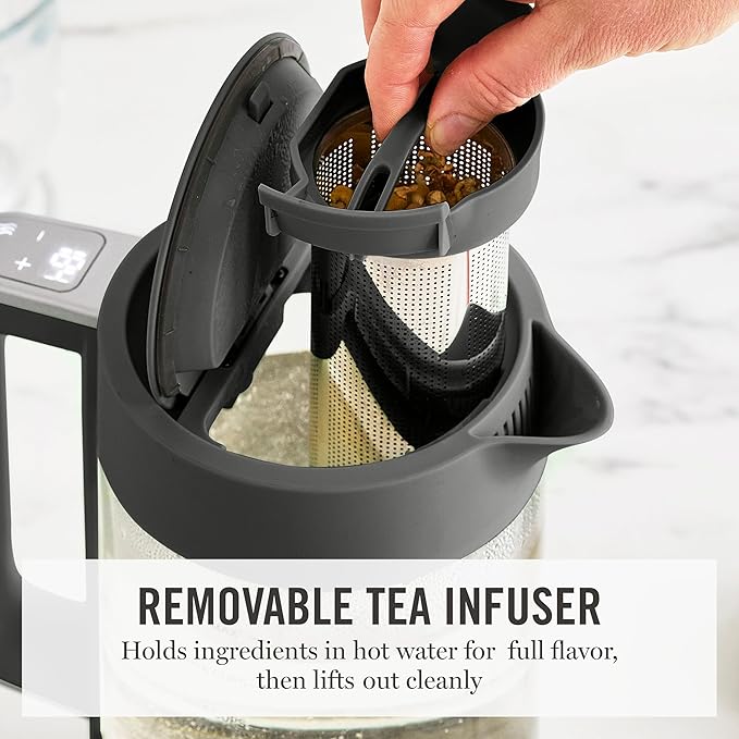 Martha Stewart Electric Kettle with Removable Stainless Steel Tea Infuser, Glass Carafe 1.7L (7 Cups), Hot Water Boiler, 4 Presets, Keep Warm & Auto Shut-Off, Cordless 360° Swivel Base, Caviar Gray