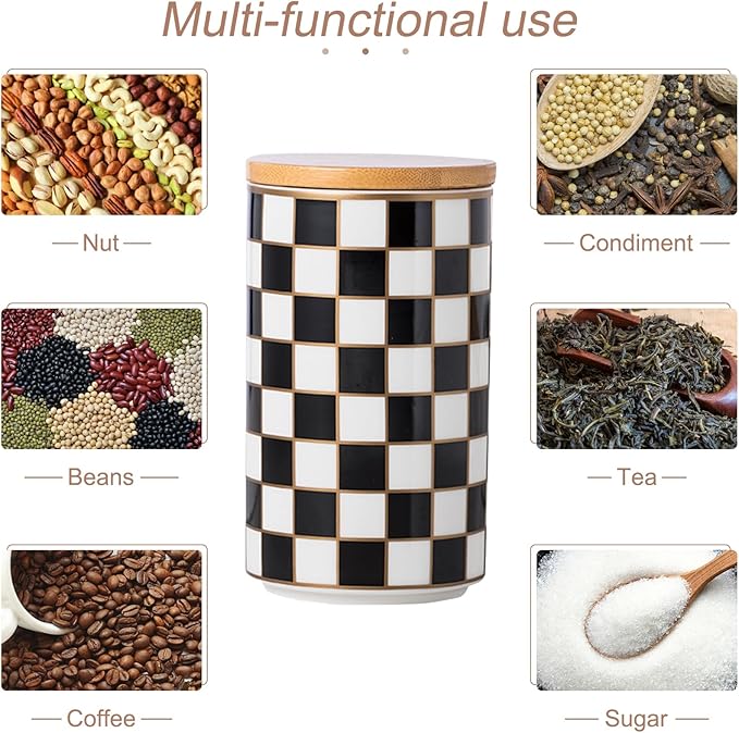Kitchen Countertop Ceramic Checkered Canisters,Black And White Food Storage Containers With Lid,Airtight Kitchen Canisters for Flour, Sugar, Coffee, Tea, and Dry Goods (Black, Large)