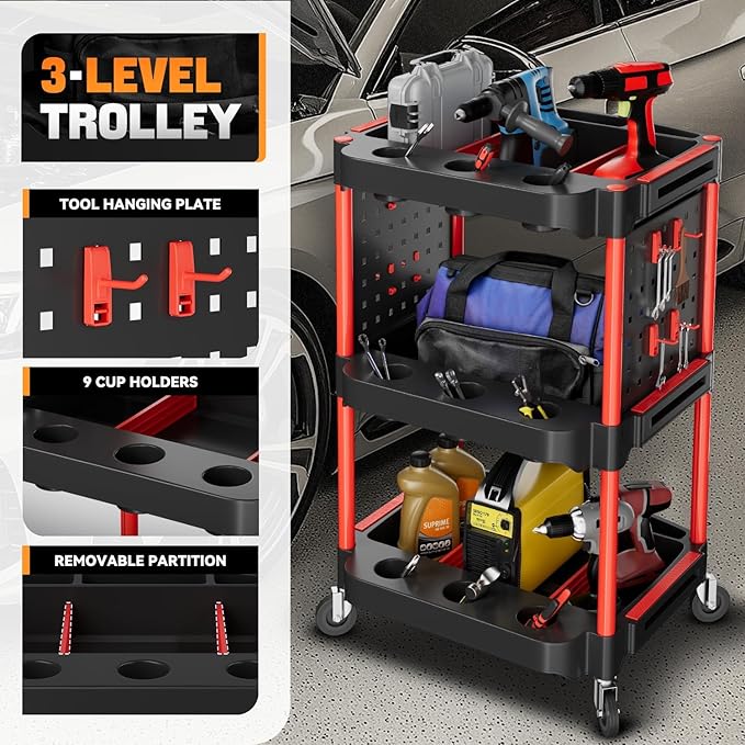 Auto Dynasty 3-Tier Rolling Cart Trolley Detailing Cart with 9 Cup Holders and 2 Pegboards 120 kg/260 Lbs Capacity on Wheels Fits Garage, Home, Storage, Warehouse, and Workshop Use, Black/Red