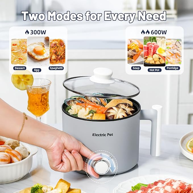 Electric Hot Pot :1.5L Mini Ramen Cooker with Overheat & Boil-Dry Protection, Suitable for Noodles, Soup, Oatmeal, College Dorm Office Travel Essentials (Grey, 1.5L)