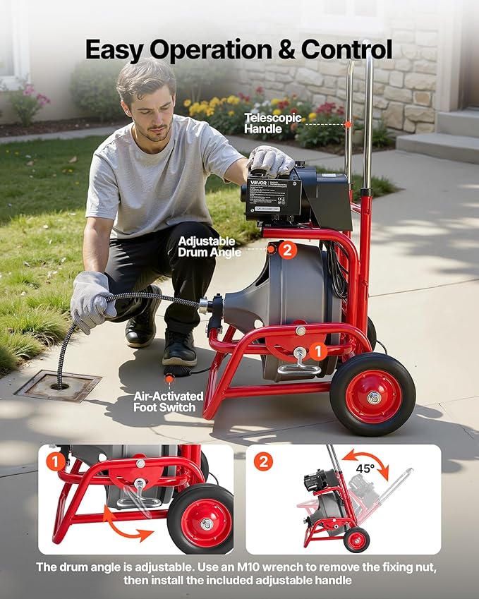 VEVOR Drain Cleaner Machine 75 FT x 3/8 Inch, Sewer Snake Auger on Wheels, Manual Feed Drain Cleaning Machine with Adjustable Drum Angle, 6 Cutters & Air-activated Foot Switch for 2" to 4" Pipes